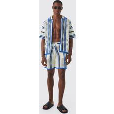 Men - White Jumpsuits & Overalls boohooMAN Mens Oversized Boxy Open Stitch Stripe Shirt Short Set With Drawcords White