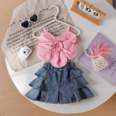 L Other Sets Children's Clothing Shein pcs Baby Girls Outfit Set With Flower Tank Top And Denim Shorts With Ruffled Hem Fashionable For Summer