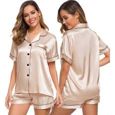 Swomog Women's Silk Satin Pajamas Set Short Sleeve Sleepwear Soft Loungewear Button Down Nightwear Champagne