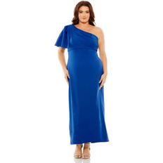 Dresses Mac Duggal Women's Plus One Shoulder Tea Length Crepe Dress Cobalt 14W