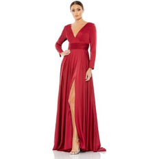 Midi Dresses - Square Mac Duggal Women's Ieena Long Sleeve Ruched Waist A-Line Gown Wine