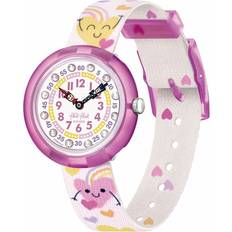 Children Wrist Watches Flik Flak Bouncing Hearts Pink &amp; Yellow Fabric FBNP223 Multi-Coloured