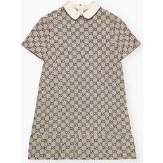 Girls Oatmilk/blue Kids Monogram-pattern Short-sleeved Cotton-blend Dress 4-12 Years Years