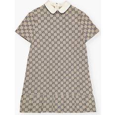 Gucci Girls Oatmilk/blue Kids Monogram-pattern Short-sleeved Cotton-blend Dress 4-12 Years Years