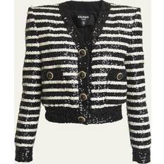 Jackets Balmain Striped Sequined Crop Jacket with Button Details BLK WHITE 42 FR 10 US