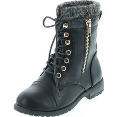 Boots Static Footwear Sold by: Off Price Direct, Link Mango-31 Girls Kids Round Toe Military Lace Up Knit Ankle Cuff Low Heel Combat Boots Black