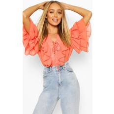 Orange Blouses boohoo Womens Woven Ruffle Lace Up Blouse - Orange