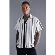 Mens Natural Oversized Revere Linen Look Stripe Shirt
