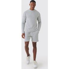 Algodón Pijamas boohooMAN Striped Open Stitch Resort Shirt Set - White