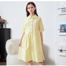 Yellow Dresses Shein Tween Girl Loose Casual Asymmetric Collar Short Sleeve Midi Shirt Dress