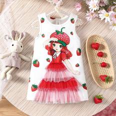 Ruffled dresses - Sleeveless Shein Baby Girl Cute Strawberry Pattern Sleeveless Dress For Summer