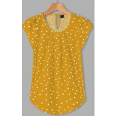 Yellow Blouses Shein Womens Polka Dot Printed Pleated Puff Sleeve Blouse