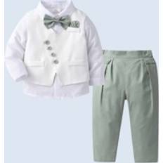 6-9M Kostymer Barnkläder Shein Young Boys, gentlemen, three-piece suit, white shirt with bow, vest and pants, fashionable and handsome, suitable for birthday parties, performances