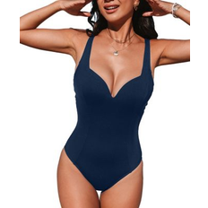 Microfiber Swimsuits Cupshe Women's Navy Sweetheart Cutout Power Mesh One-Piece Dark blue