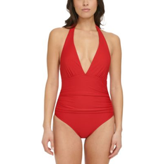 Swimsuits Tommy Hilfiger Women's One-Piece Ribbed Halter-Neck Plunge Swimsuit Scarlet