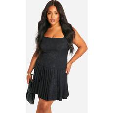 Boohoo Knee Length Dresses boohoo Plus Satin Ruched Ruffle Hem Dress - Black