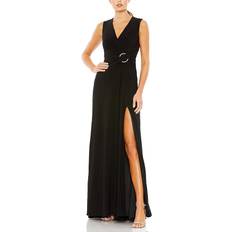 Mac Duggal Draped Side Knot Rhinestone Ring Jersey Gown Black