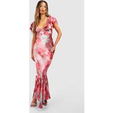 Boohoo Knee Length Dresses boohoo Marble Satin Ruffle Sleeve Maxi Dress - Pink