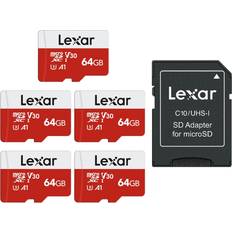 Memory Cards & USB Flash Drives LEXAR E-Series 64GB Micro SD Card 5 Pack, microSDXC UHS-I Flash Memory Card with Adapter, 100MB/s, C10, U3, A1, V30, Full HD, 4K UHD, High Speed TF Card