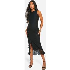 boohoo Womens Maternity Mesh Racer Neck Frill Split Midaxi Dress Black