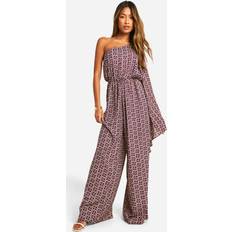 Brown Jumpsuits & Overalls boohoo Womens Flare Sleeve Printed Satin Jumpsuit Brown