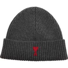 Ami Paris Headgear Ami Paris Logo-embroidered Ribbed Wool Beanie Grey