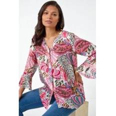 Clothing Roman Abstract Floral Print Frill Sleeve Top Light Pink