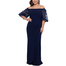 Evening Gowns Dresses Xscape Melanie 3D Floral Sleeve Scuba Crepe Gown Plus Size - Navy