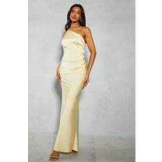 Misspap Satin Asymmetric Strap Pleated Waist Low Back Maxi Dress Yellow