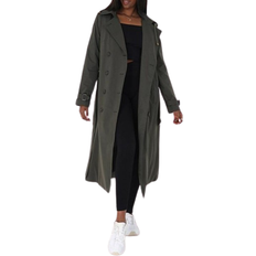 Detachable Hood Double Breasted Longline Trench Coat - Khaki
