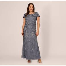 Adrianna Papell Clothing Adrianna Papell Adrianna Papell Plus Beaded Short Sleeve Gown Dusty Blue