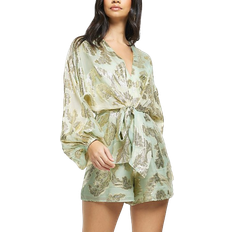 Balloon Sleeves Jumpsuits & Overalls River Island Metallic Detail Tie Waist Playsuit - Green