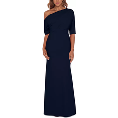 Betsy & Adam Madeline Long Scuba Crepe Off the Shoulder Drop Dress - Navy