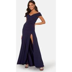 Goddiva Bardot Pleat Maxi Split Dress Navy UK14