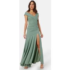 Goddiva Bardot Pleat Maxi Split Dress Light green UK12