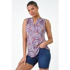 Purple Blouses Roman Swirl Print Button Sleeveless Top Purple