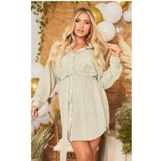 Oversize - Short Dresses PrettyLittleThing Maternity Sage Green Checked Oversized Tie Waist Shirt Dress