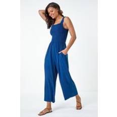 Clothing Roman Denim Shirred Bodice Pocket Jumpsuit Blue