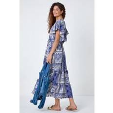 Clothing Roman Patchwork Print Tiered Wrap Maxi Dress Navy