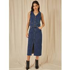 Denim - Women Skirts Yumi Front Slit Denim Midi Skirt, Blue