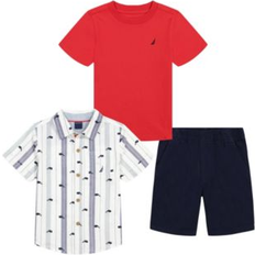 Boys Other Sets Nautica Toddler Boys Short Sleeve T-shirt, Print-Stripe Shirt and Twill Shorts, Pc Set Gray, Red Gray/Red 2T