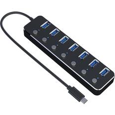 powered 7-port USB-C 3.0 HUB with individual switch 5Gbps 25cm cable aluminum black with power supply