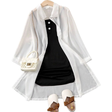 Shein Tween Girl Solid Cami Dress & Sheer Mesh Blouse