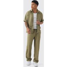 Linen - Men Jumpsuits & Overalls boohooMAN Mens Oversized Linen Deep Pocket Shirt & Trouser Set Green