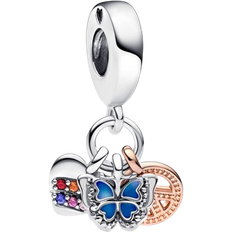 Pandora Two Tone Rainbow Heart Butterfly & Peace Triple Dangle Charm - Silver/Rose Gold/Multicolour