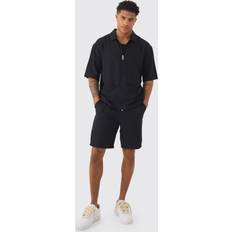 Herren - Leinen Nachtwäsche boohooMAN Oversized Linen Deep Pocket Shirt and Short Set - Black