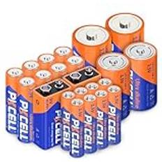 PKCELL 22 alkaliska batterier, 8 AA-batterier, 8 AAA-batterier, 2 C-batterier, 2 D-batterier och 2 9V-batterier för hushållselektronik