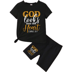 Black - Girls Other Sets Shein Young Girl Slogan Print Short Sleeve T-Shirt And Shorts 2pcs/Se