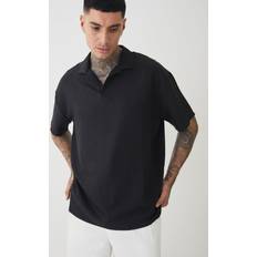 Viskoosi Polo paidat boohooMAN Oversized Linen Revere Polo - Black