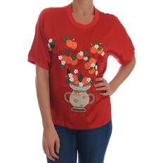 Dolce & Gabbana Red Blouses Dolce & Gabbana Red Silk Oranges Floral Crystal Blouse IT42 IT38 S